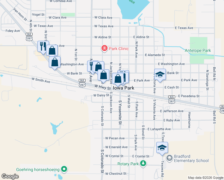 map of restaurants, bars, coffee shops, grocery stores, and more near 287 West Highway Street in Iowa Park