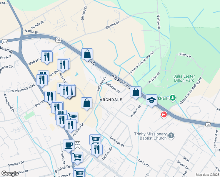 map of restaurants, bars, coffee shops, grocery stores, and more near 680 Archdale Drive in Sumter