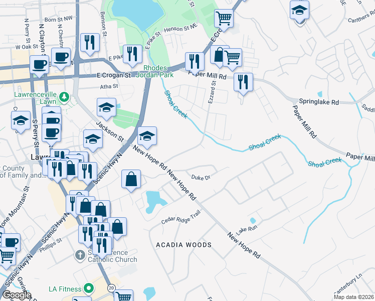 map of restaurants, bars, coffee shops, grocery stores, and more near 51 Ezzard Street in Lawrenceville