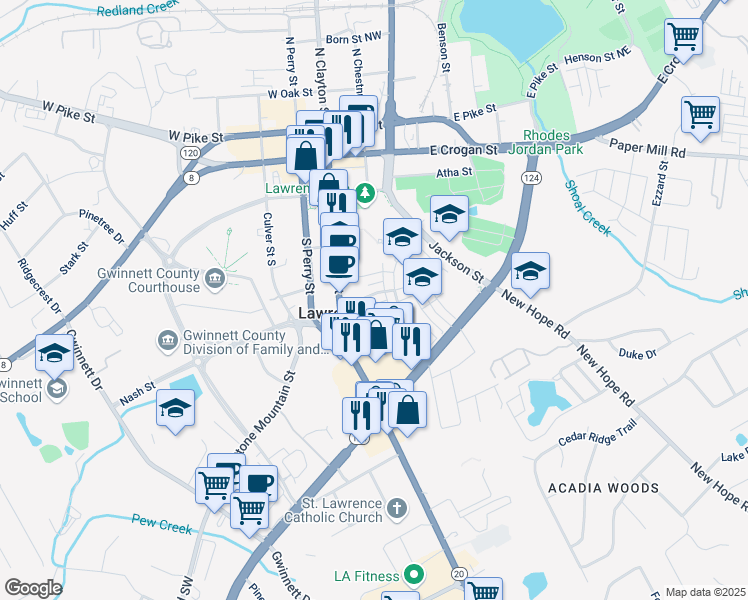 map of restaurants, bars, coffee shops, grocery stores, and more near 244 Church Street in Lawrenceville