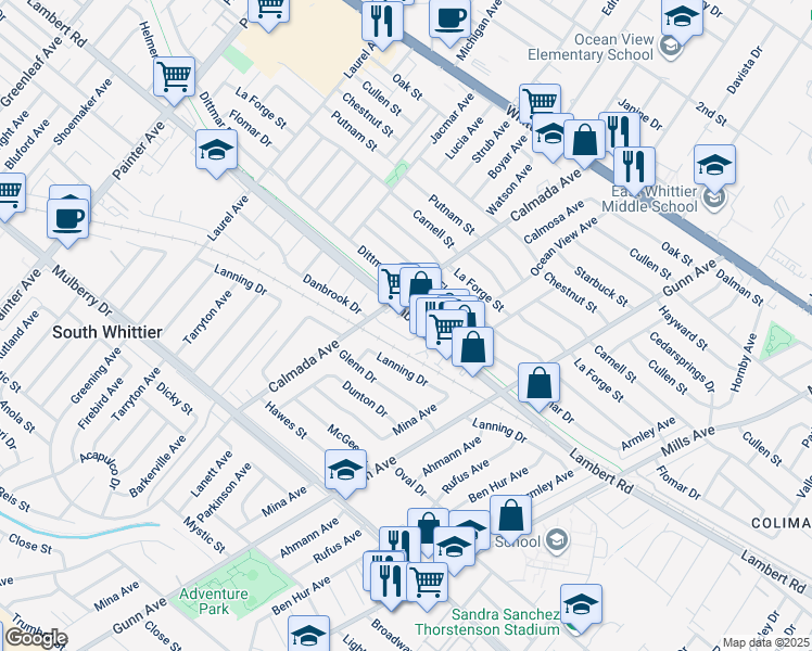 map of restaurants, bars, coffee shops, grocery stores, and more near 14028 Lambert Road in Whittier