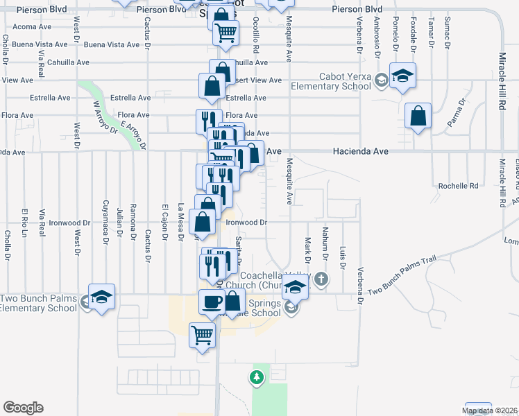 map of restaurants, bars, coffee shops, grocery stores, and more near 13417 Ocotillo Road in Desert Hot Springs