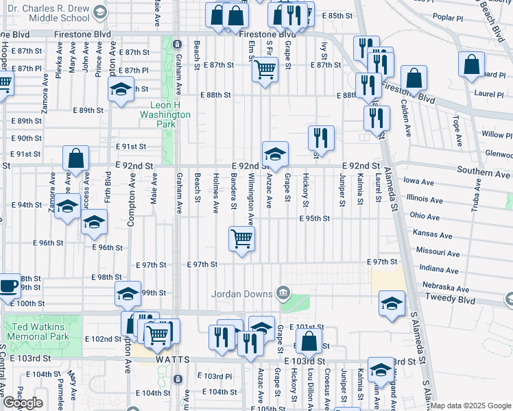 map of restaurants, bars, coffee shops, grocery stores, and more near 9416 Wilmington Avenue in Los Angeles