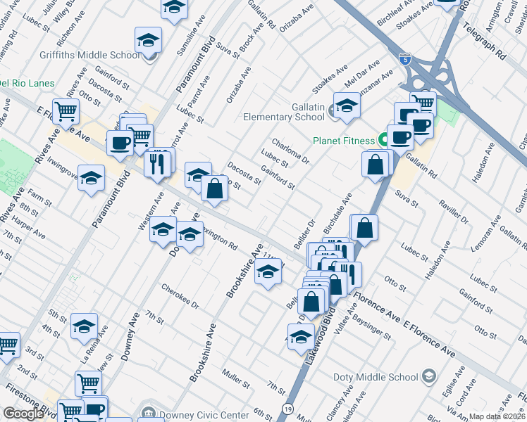 map of restaurants, bars, coffee shops, grocery stores, and more near 8440 Otto Street in Downey