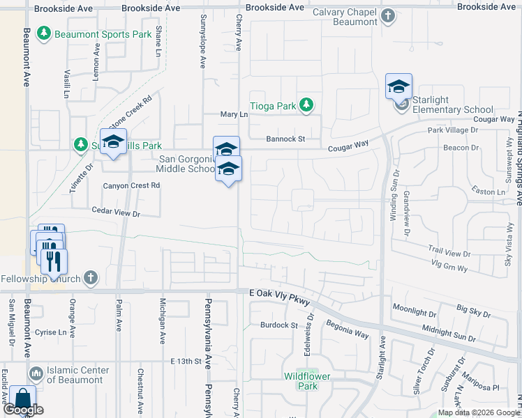 map of restaurants, bars, coffee shops, grocery stores, and more near 1519 Asteroid Way in Beaumont