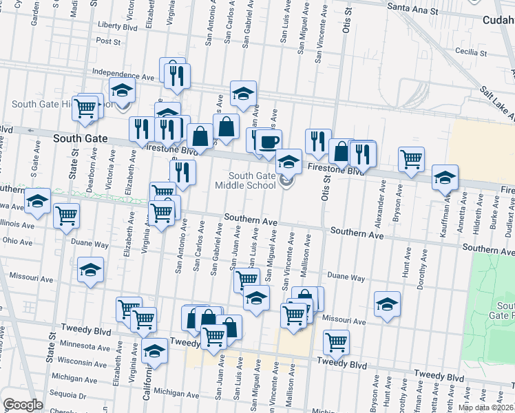 map of restaurants, bars, coffee shops, grocery stores, and more near 8994 San Juan Avenue in South Gate