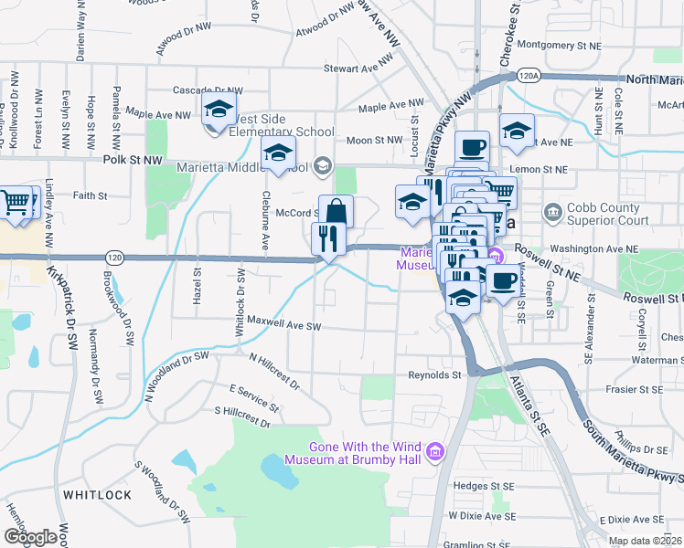 map of restaurants, bars, coffee shops, grocery stores, and more near 33 Whitlock Square Southwest in Marietta