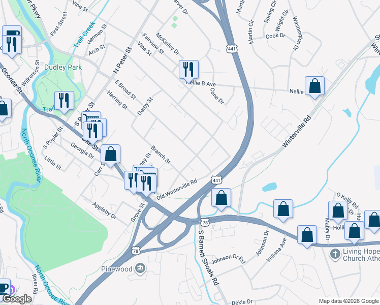 map of restaurants, bars, coffee shops, grocery stores, and more near 1698 East Broad Street in Athens