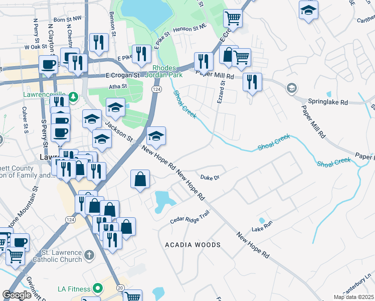 map of restaurants, bars, coffee shops, grocery stores, and more near 34 Ezzard Street in Lawrenceville