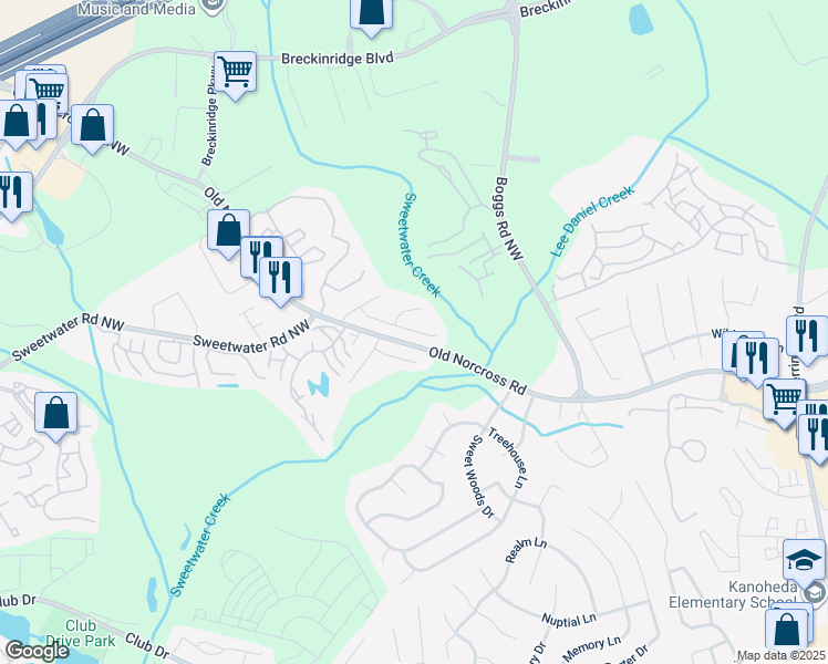 map of restaurants, bars, coffee shops, grocery stores, and more near 2879 Weston Brook Lane in Duluth