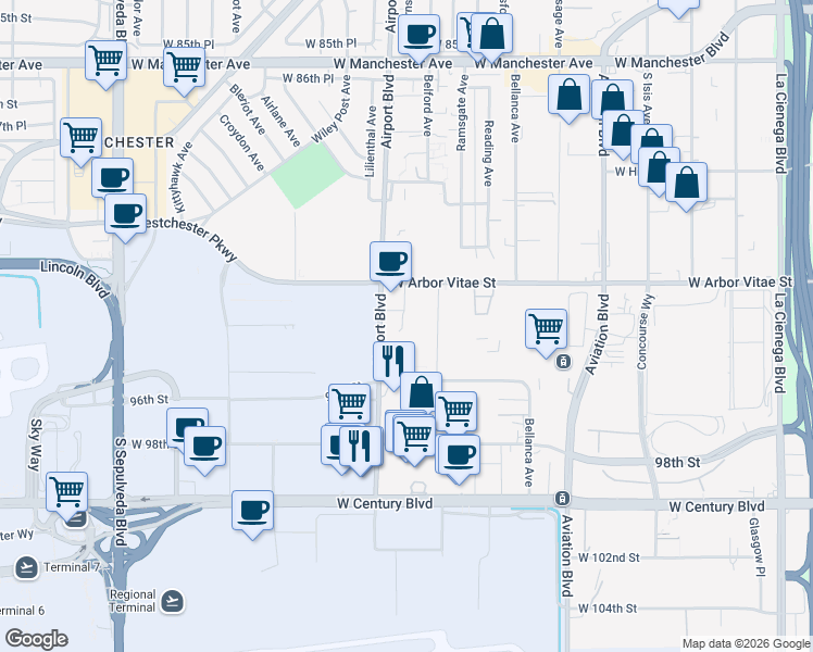 map of restaurants, bars, coffee shops, grocery stores, and more near 5860 West 93rd Street in Los Angeles