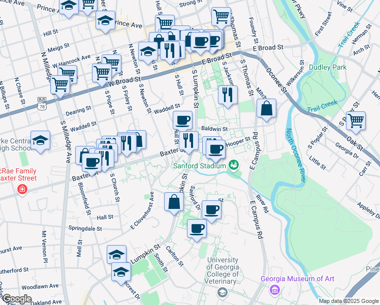 map of restaurants, bars, coffee shops, grocery stores, and more near 810 S Lumpkin St in Athens