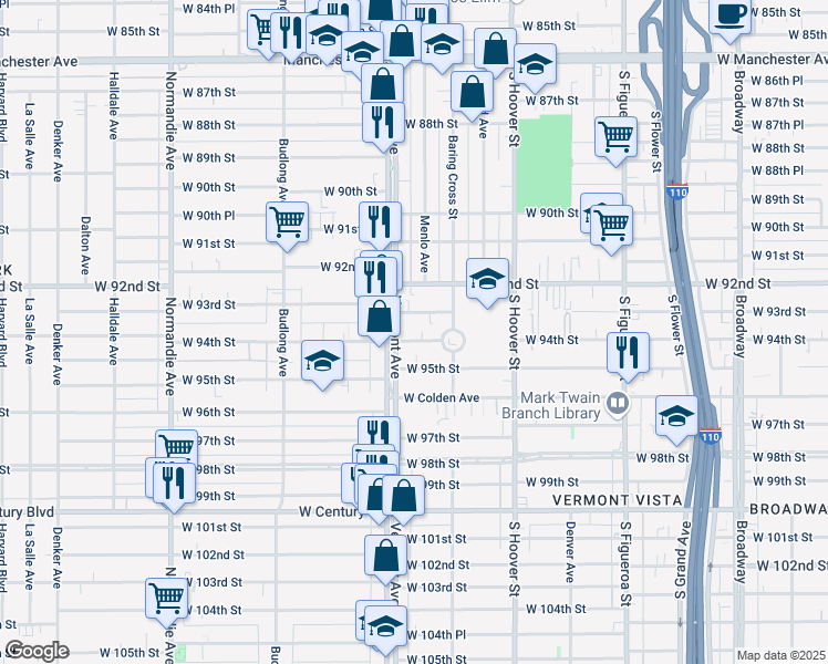 map of restaurants, bars, coffee shops, grocery stores, and more near 845 West 94th Street in Los Angeles