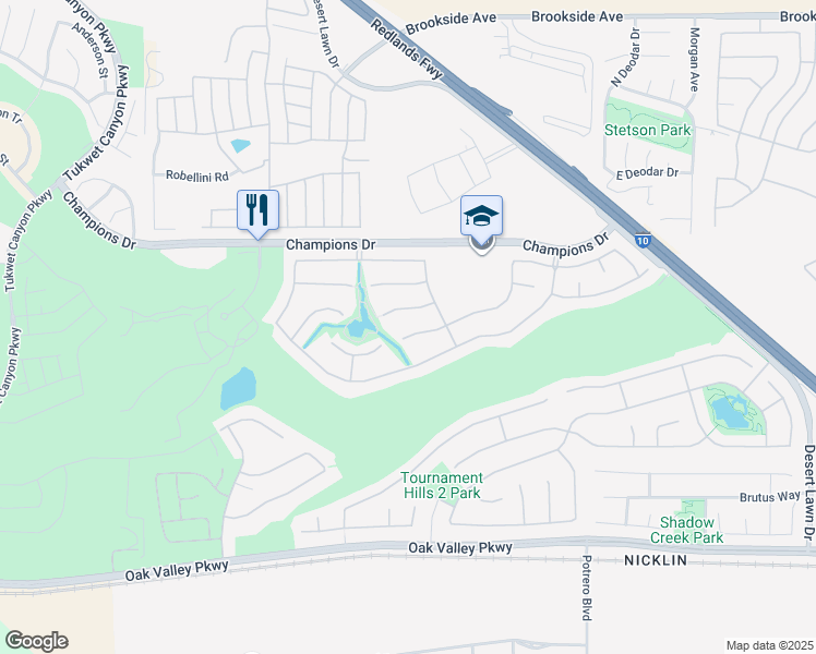 map of restaurants, bars, coffee shops, grocery stores, and more near 36384 Torrey Pines Drive in Beaumont