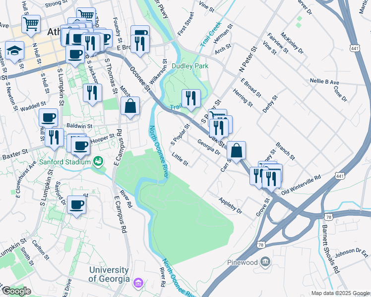 map of restaurants, bars, coffee shops, grocery stores, and more near 838 Oconee Street in Athens