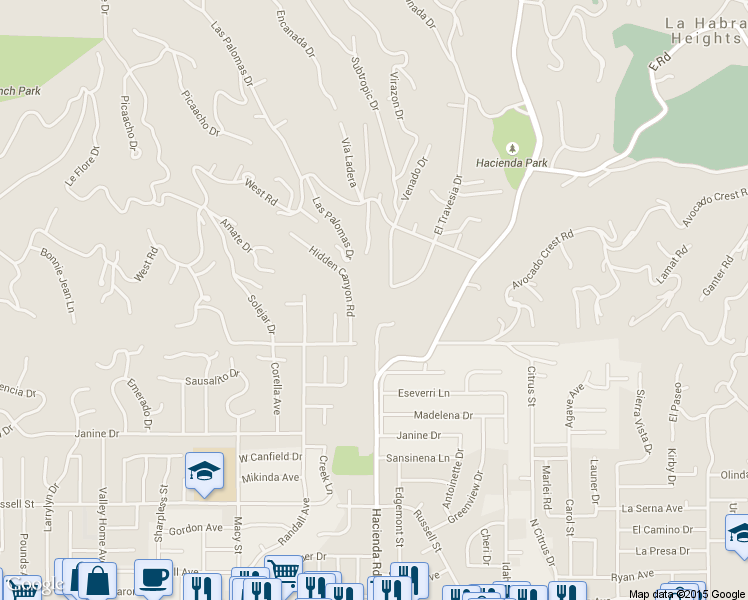 map of restaurants, bars, coffee shops, grocery stores, and more near 1435 Subtropic Drive in La Habra Heights