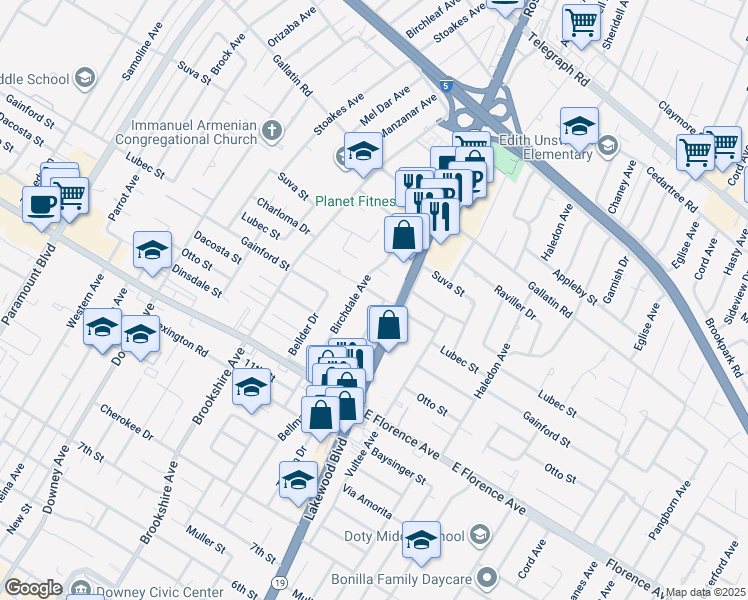 map of restaurants, bars, coffee shops, grocery stores, and more near 8620 Lubec Street in Downey