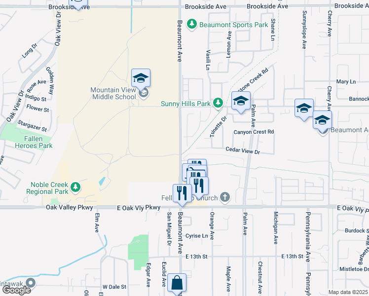 map of restaurants, bars, coffee shops, grocery stores, and more near 1503 Mountain View Tr in Beaumont