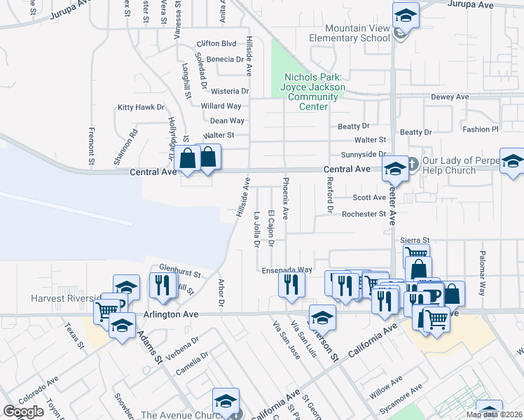 map of restaurants, bars, coffee shops, grocery stores, and more near 6724 El Cajon Drive in Riverside