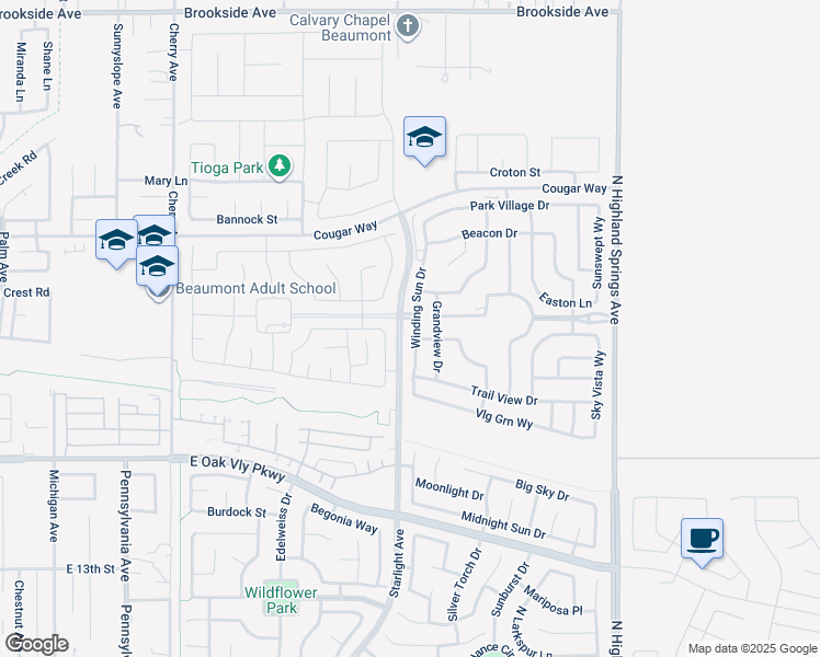 map of restaurants, bars, coffee shops, grocery stores, and more near 1545 Winding Sun Drive in Beaumont