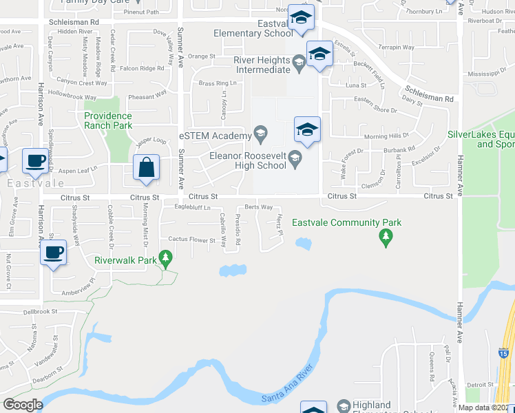 map of restaurants, bars, coffee shops, grocery stores, and more near 13254 Citrus Street in Corona