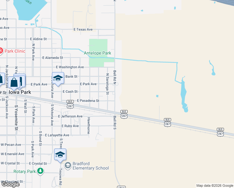 map of restaurants, bars, coffee shops, grocery stores, and more near 109 Bell Road North in Iowa Park