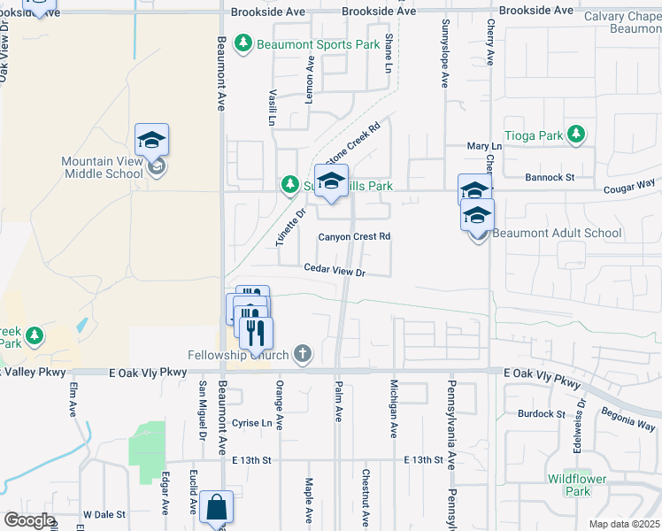 map of restaurants, bars, coffee shops, grocery stores, and more near 660 Cedar View Drive in Beaumont