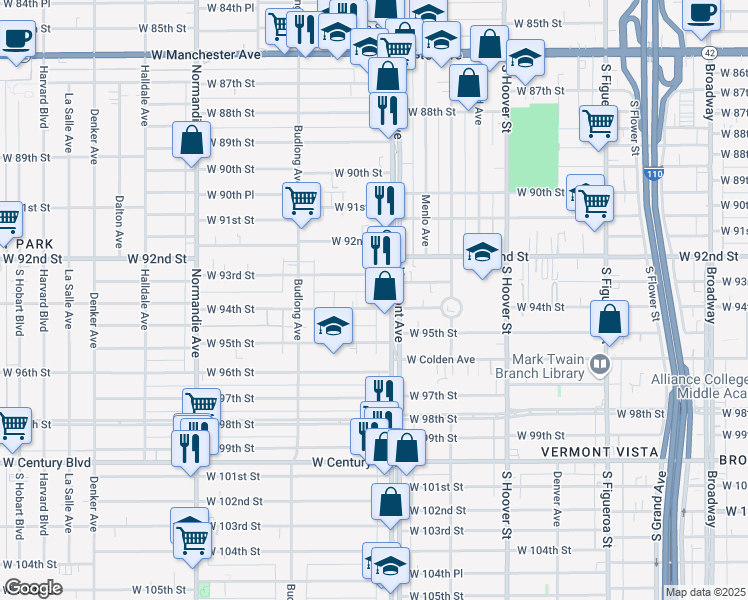 map of restaurants, bars, coffee shops, grocery stores, and more near 1021 West 94th Street in Los Angeles