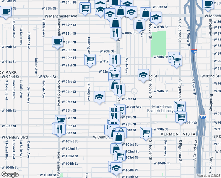 map of restaurants, bars, coffee shops, grocery stores, and more near 1023 West 94th Street in Los Angeles