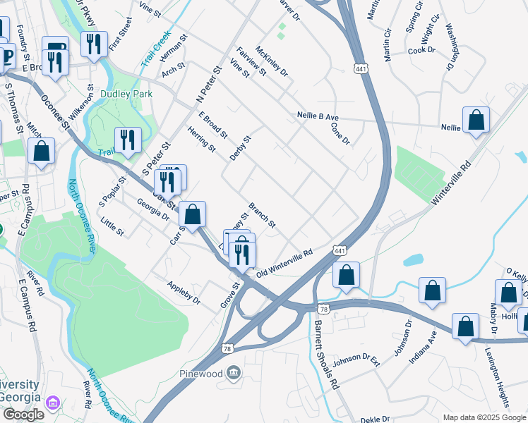 map of restaurants, bars, coffee shops, grocery stores, and more near 690 Branch Street in Athens