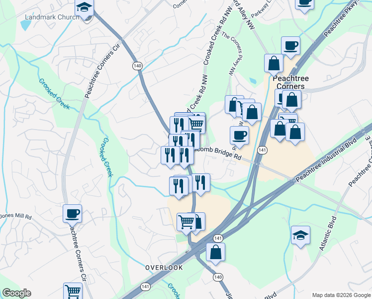 map of restaurants, bars, coffee shops, grocery stores, and more near 3383 Holcomb Bridge Road in Norcross