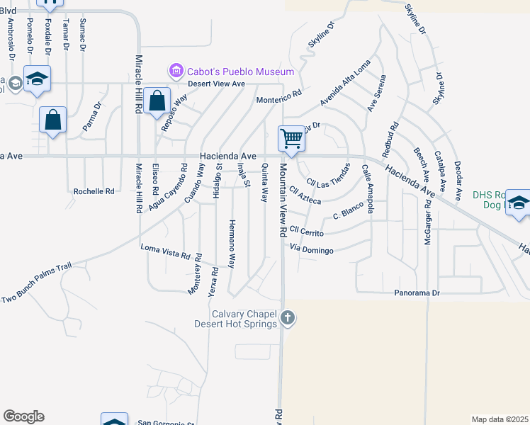 map of restaurants, bars, coffee shops, grocery stores, and more near Quinta Way in Desert Hot Springs