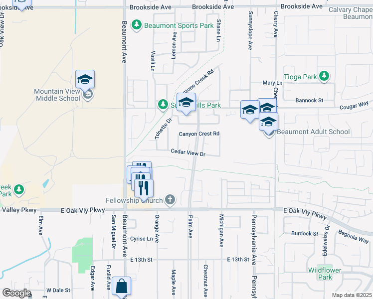 map of restaurants, bars, coffee shops, grocery stores, and more near 660 Cedar View Drive in Beaumont