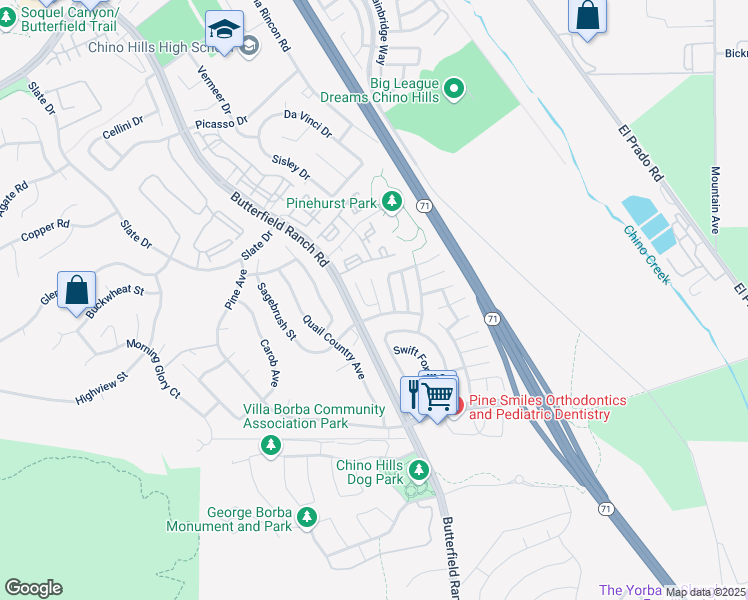 map of restaurants, bars, coffee shops, grocery stores, and more near 16624 Living Rock Court in Chino Hills