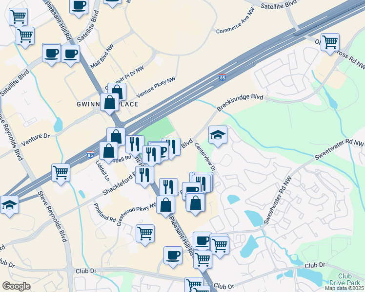 map of restaurants, bars, coffee shops, grocery stores, and more near 3521 Breckinridge Boulevard in Duluth