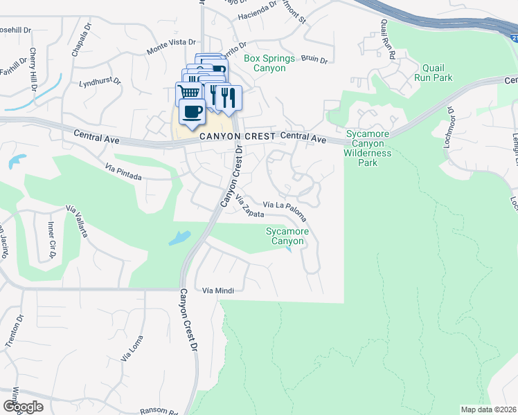 map of restaurants, bars, coffee shops, grocery stores, and more near 718 Vía La Paloma in Riverside