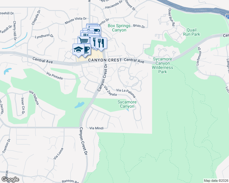 map of restaurants, bars, coffee shops, grocery stores, and more near 710 Vía Zapata in Riverside