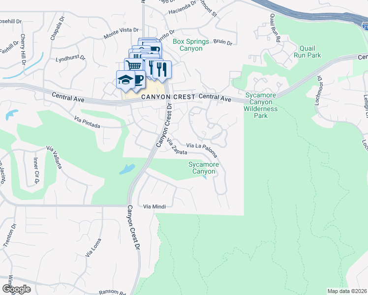 map of restaurants, bars, coffee shops, grocery stores, and more near 710 Vía Zapata in Riverside