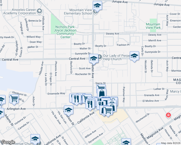 map of restaurants, bars, coffee shops, grocery stores, and more near 6730 Streeter Avenue in Riverside