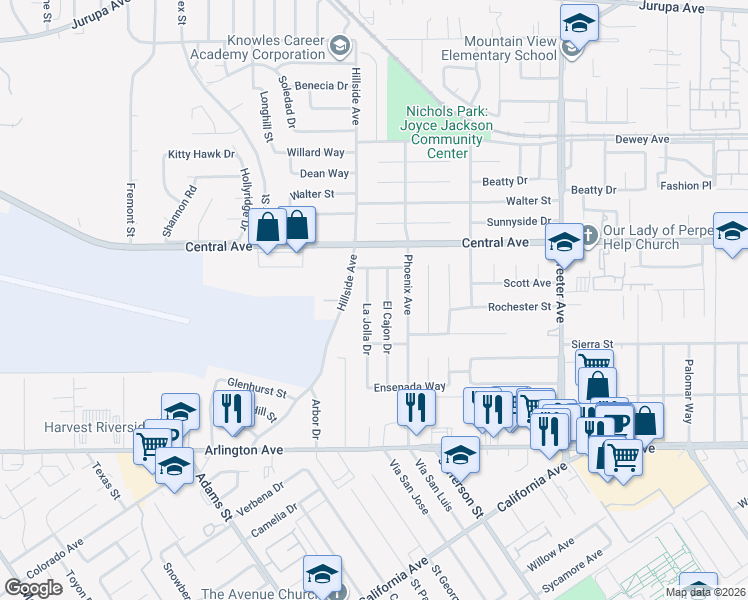 map of restaurants, bars, coffee shops, grocery stores, and more near 6724 El Cajon Drive in Riverside