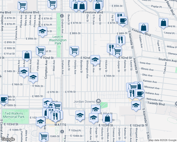 map of restaurants, bars, coffee shops, grocery stores, and more near 9426 Bandera Street in Los Angeles