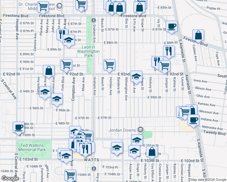 map of restaurants, bars, coffee shops, grocery stores, and more near 9422 Holmes Avenue in Los Angeles