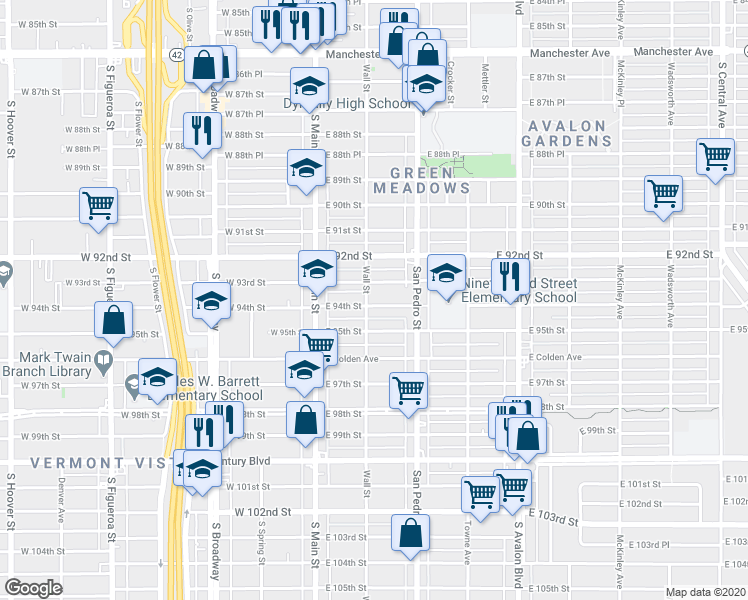 map of restaurants, bars, coffee shops, grocery stores, and more near 152 1/2 East 94th Street in Los Angeles