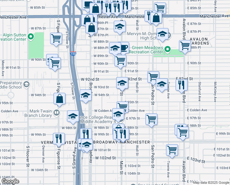 map of restaurants, bars, coffee shops, grocery stores, and more near 126 West 94th Street in Los Angeles