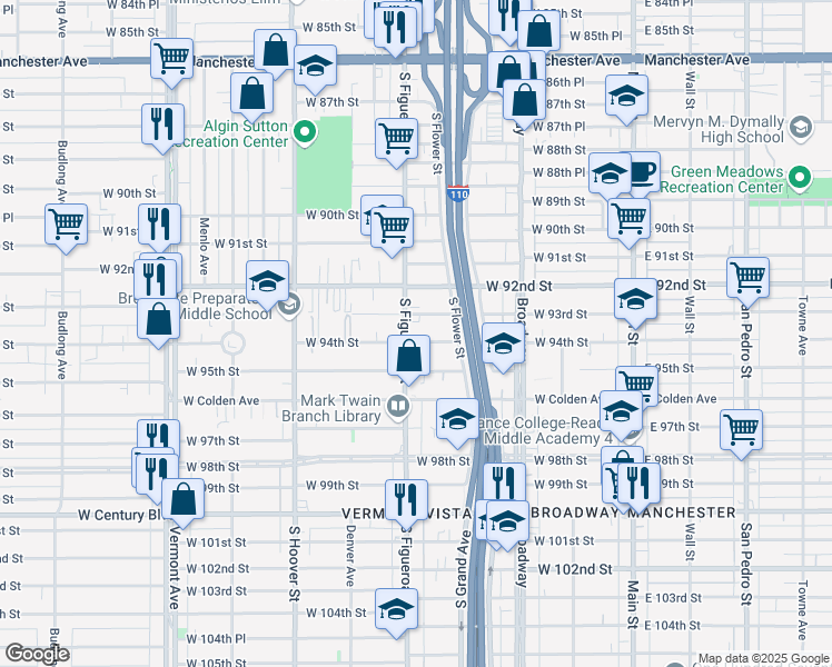 map of restaurants, bars, coffee shops, grocery stores, and more near 448 West 94th Street in Los Angeles