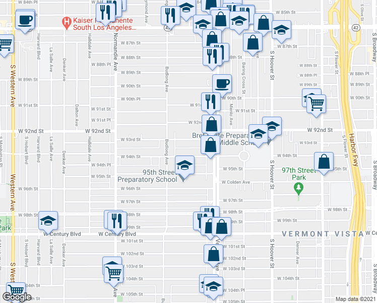map of restaurants, bars, coffee shops, grocery stores, and more near 1115 West 94th Street in Los Angeles