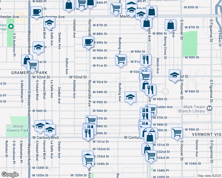 map of restaurants, bars, coffee shops, grocery stores, and more near 1241 West 94th Street in Los Angeles