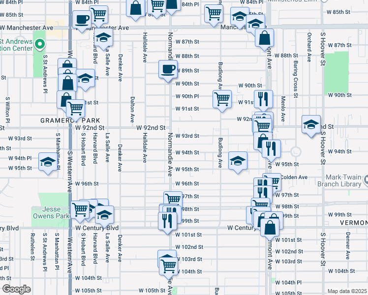 map of restaurants, bars, coffee shops, grocery stores, and more near 1329 West 94th Street in Los Angeles