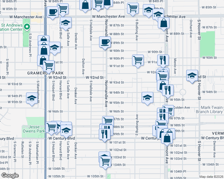 map of restaurants, bars, coffee shops, grocery stores, and more near 1329 West 94th Street in Los Angeles