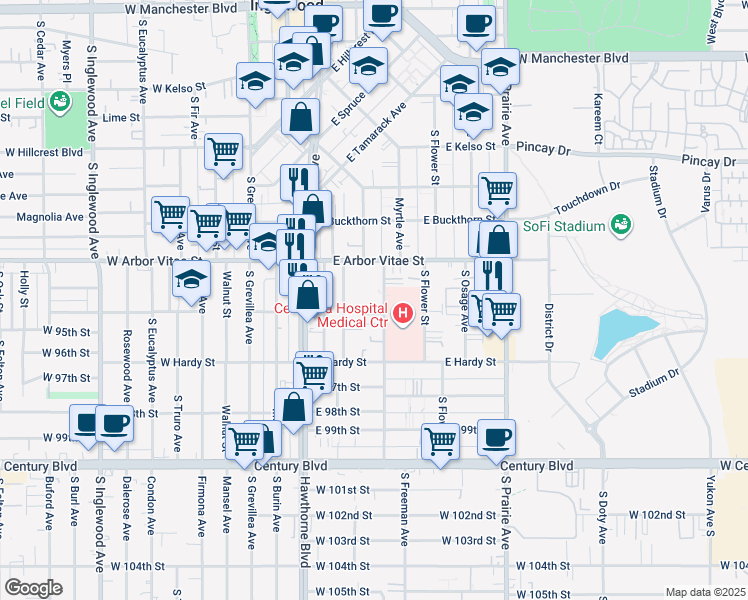 map of restaurants, bars, coffee shops, grocery stores, and more near 946 Larch Street in Inglewood
